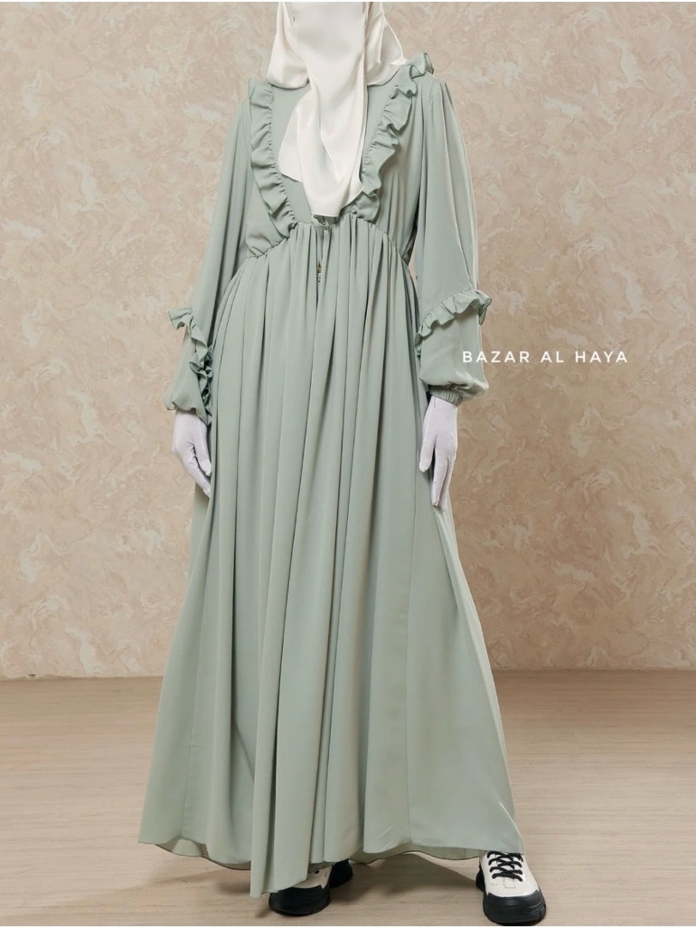 Sage Green Ruffled Full Sleeve Modest Maxi Dress